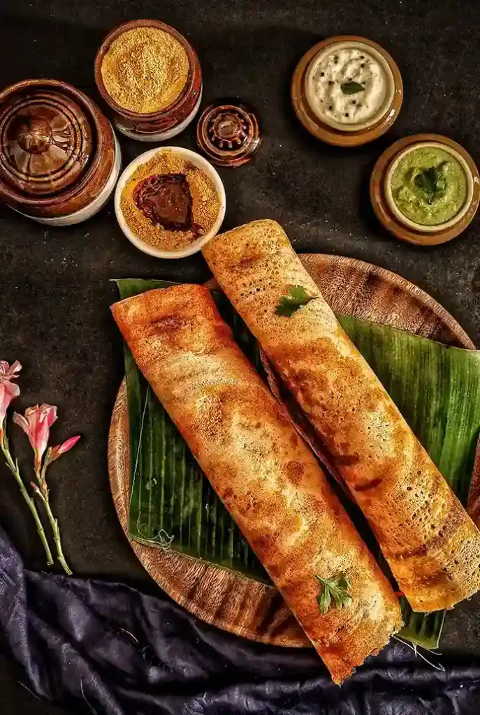 Dosa on a banana leaf top view